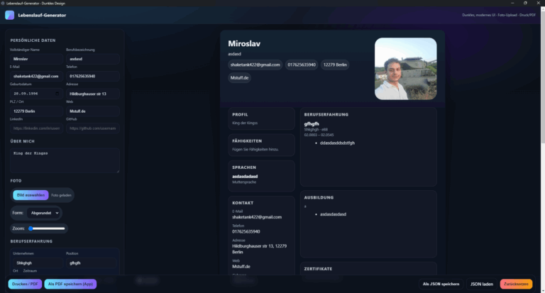 Lebenslauf Generator Software Dunkel FREE