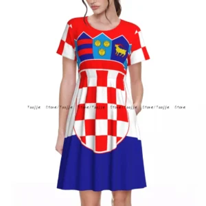 Elegant Women Dress Croatia Flag Turn-down Collar Short Sleeve Body-Shaping Street Robe