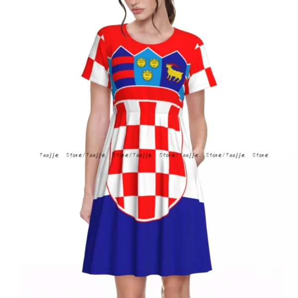 Elegant Women Dress Croatia Flag Turn-down Collar Short Sleeve Body-Shaping Street Robe